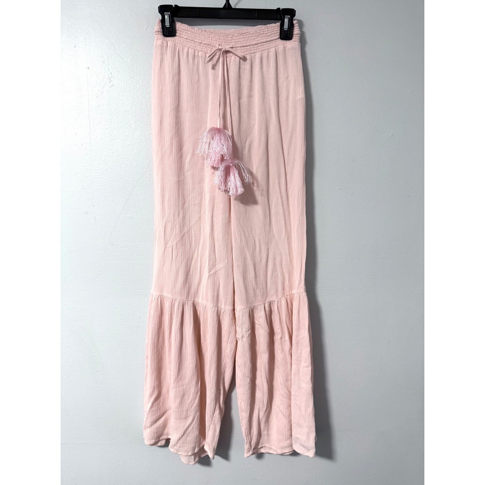 Lovestitch Pink Gauze Wide Leg Smocked Tassel Tiered Boho Pants Womens XS